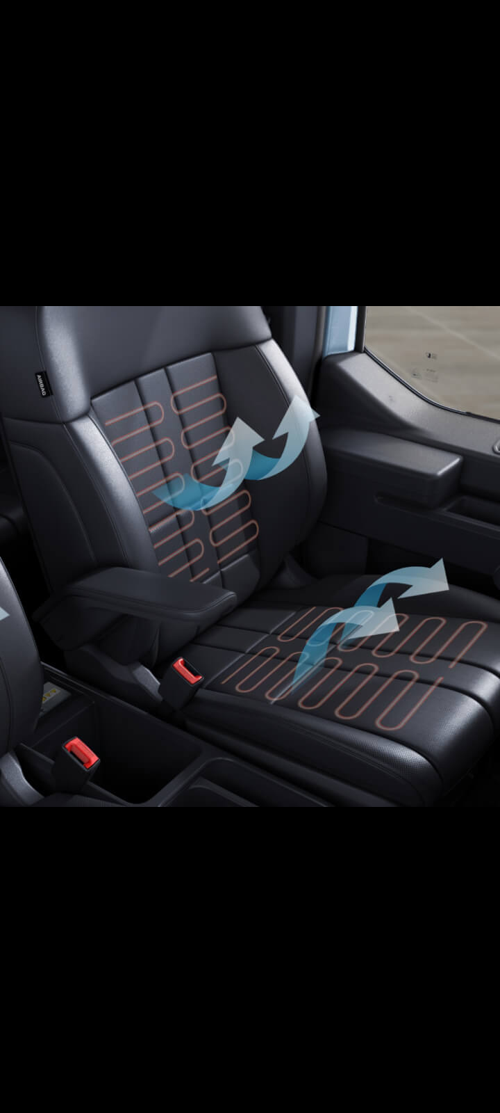 Close-up of the Kia PV5 Passenger seat with ventilated and heated function highlighted