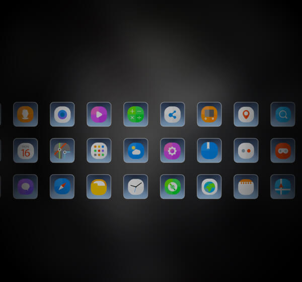 Grid of colourful app icons on a dark automotive infotainment interface