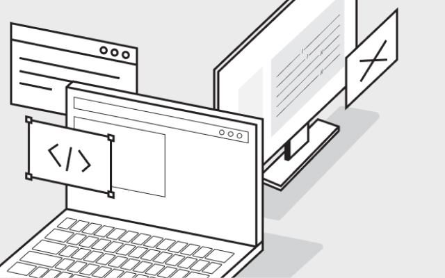 Illustration panels showing app development concepts with abstract 3D laptop and desktop