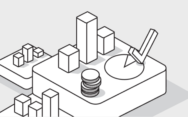 Illustration panels showing app development concepts with abstract 3D charts