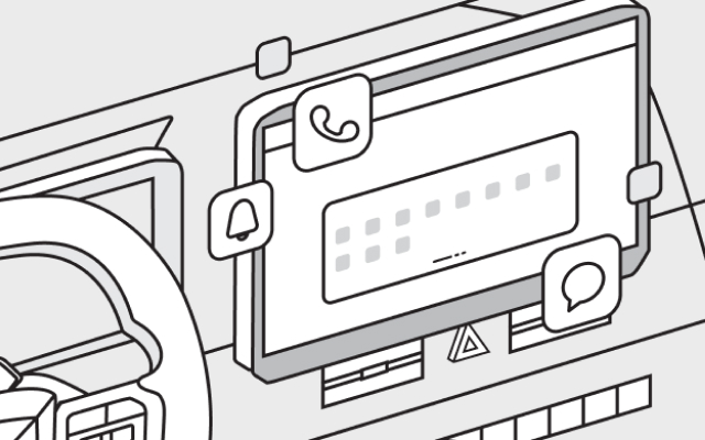 Illustration panels showing app development concepts with abstract 3D car display graphics
