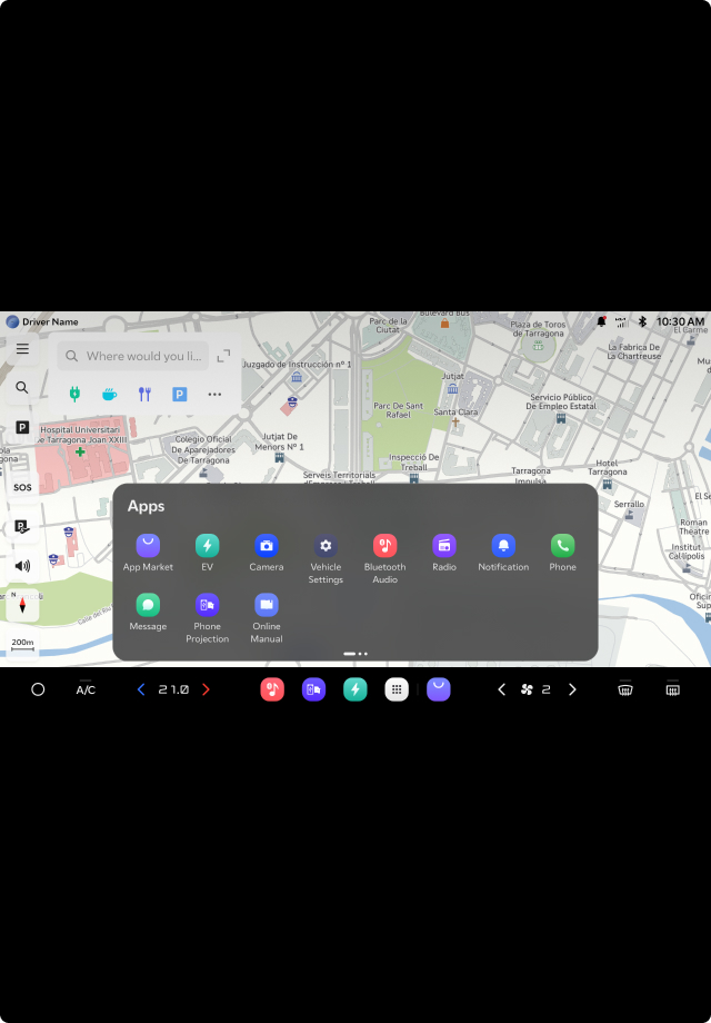 Infotainment screen close-up featuring a navigation map with app icons overlay
