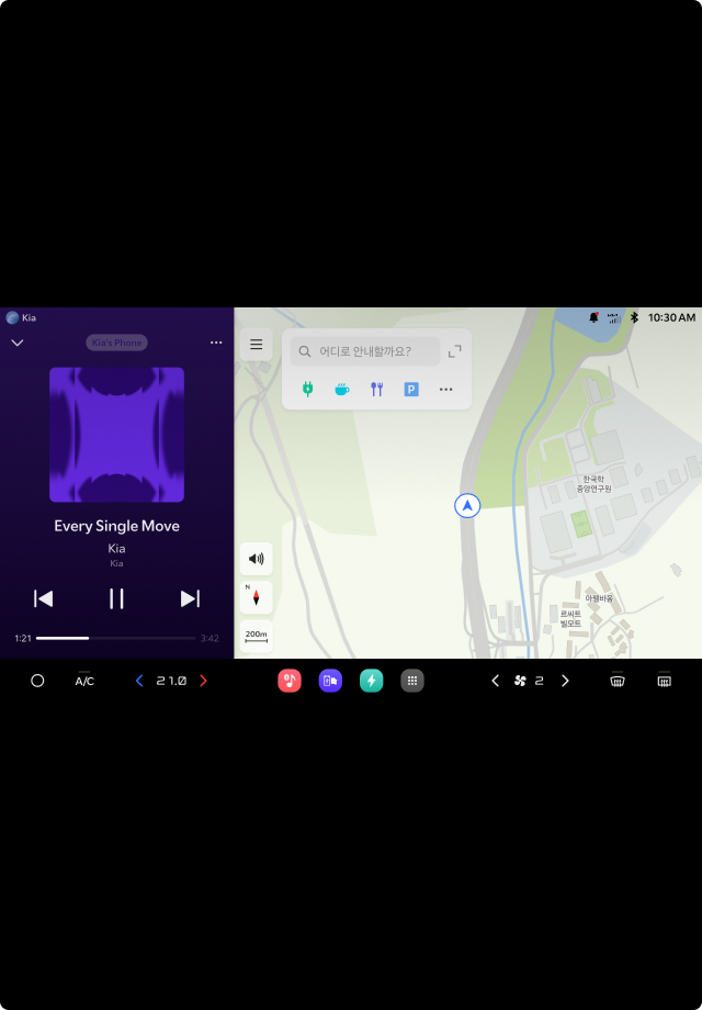 Split-screen view showing music playback on the left and navigation map on the right