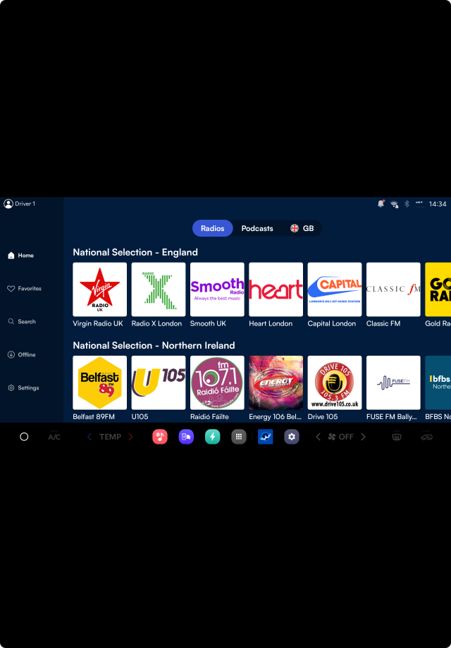 Car infotainment screen displaying national radio station icons and selections