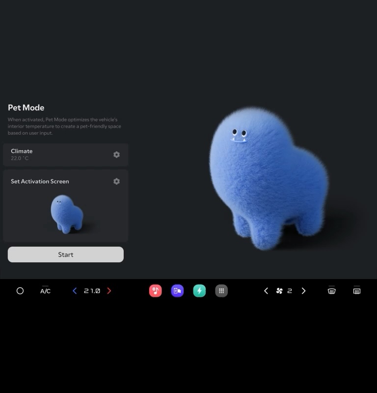 Écran du mode animal avec une illustration de personnage poilu bleu et des options de contrôle du climat