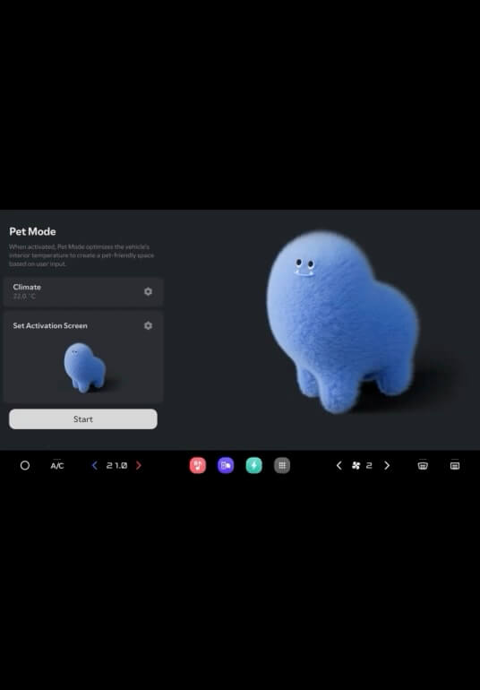 Pet-Mode-Ansicht mit Illustration einer blauen, felligen Figur und Optionen zur Klimasteuerung.