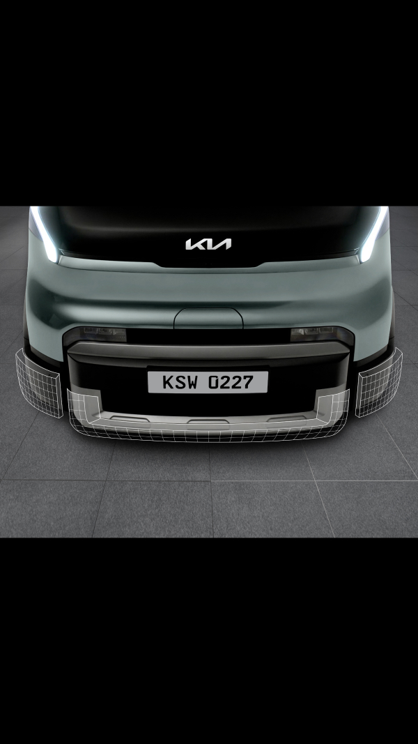 Nahaufnahme der vorderen Stoßstange und des unteren Kühlergrills des Kia PV5 WAV