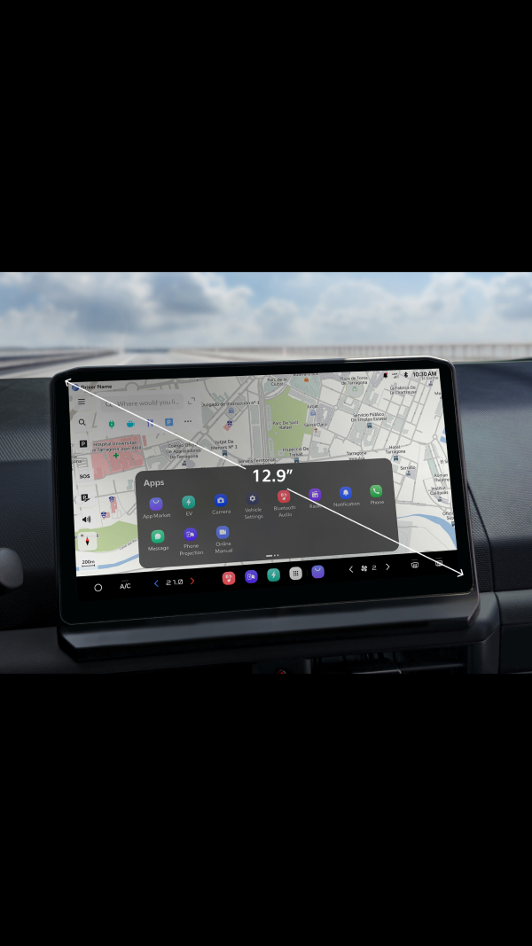 32,7 cm (12,9 Zoll) Breitbild-Display des Kia PV5 WAV mit Navigation und App-Steuerung für einfachen Zugriff während der Fahrt.