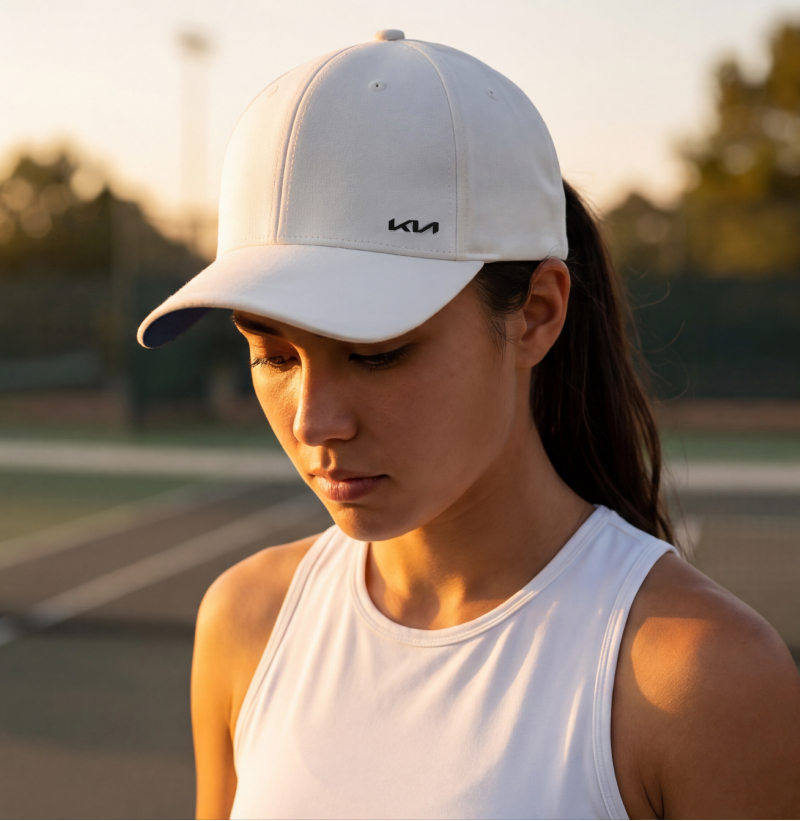 Woman wears the Kia Sports Cap on a tennis court.