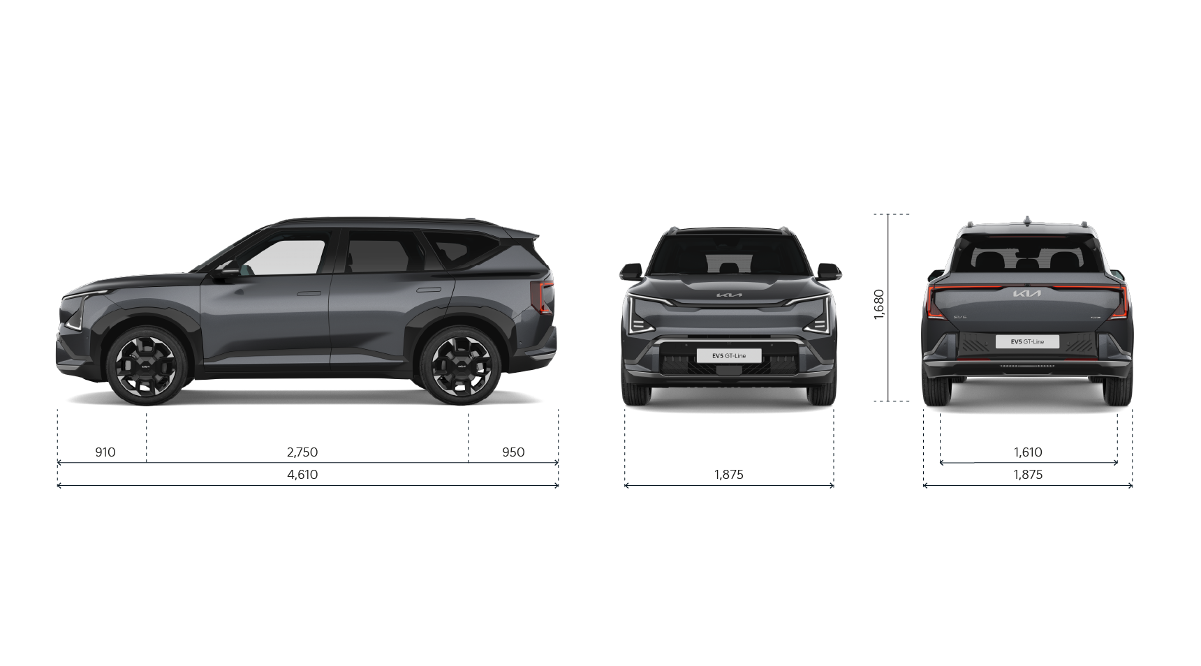 Kia EV5 samtliga dimensioner: profil/front/baktill
