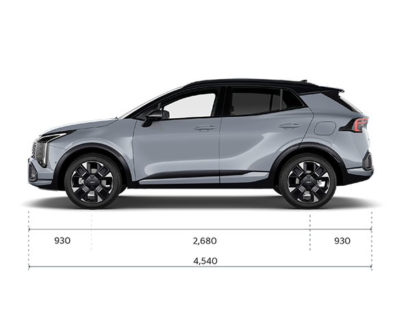 Length from front to front tyre centre: 870mm. Length from front tyre to rear tyre: 2700mm. Length from rear tyre to rear: 758mm. Total length: 4355mm